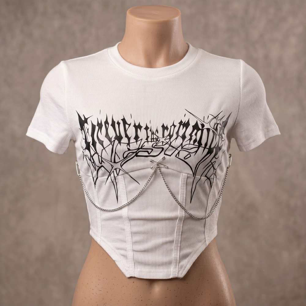 New Small White Gothic Graphic Chain Detail Corset Ribbed Crop Top Short Sleeve